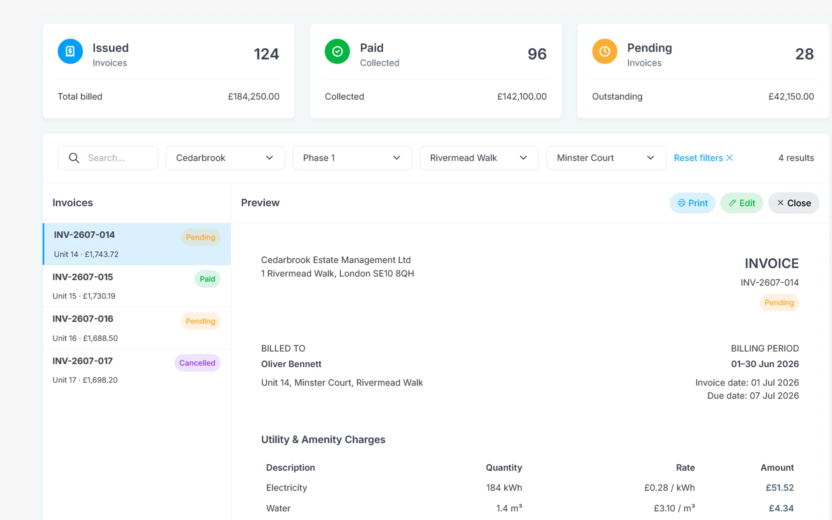 Invoice workspace with filtered invoice records and a preview of a pending utility invoice for Unit 14